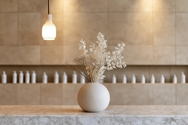 Round ceramic vase with dried white flowers on a marble spa reception counter under pendant light