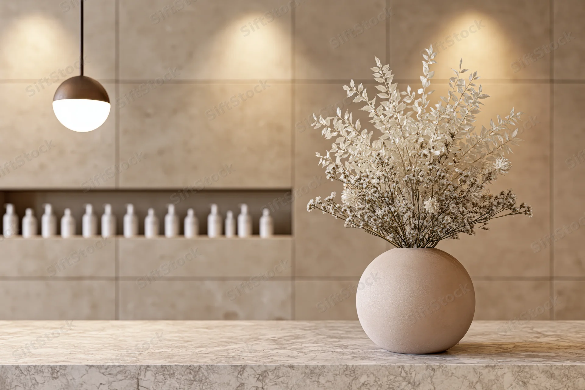 Round ceramic vase with dried flowers on a minimalist spa reception counter