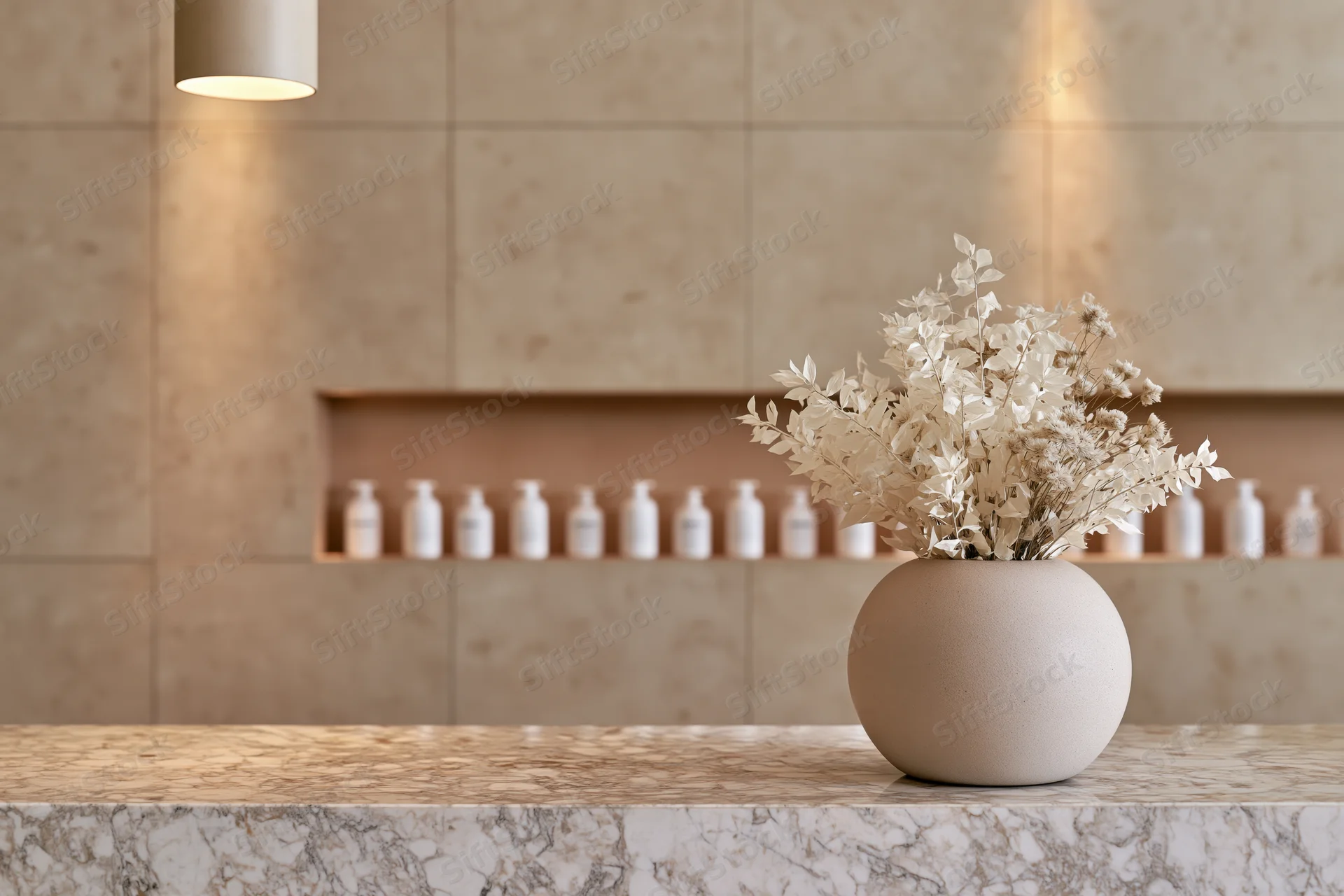 Minimalist spa reception counter with a round ceramic vase holding dried white flowers on a marble surface