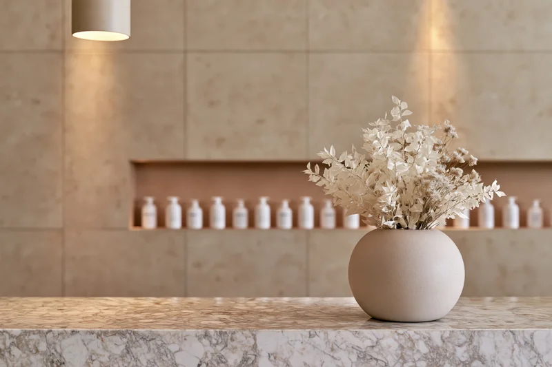 Minimalist spa reception counter with a round ceramic vase holding dried white flowers on a marble surface