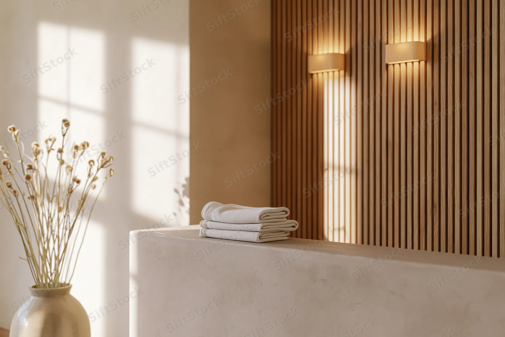 Minimalist spa reception desk with folded white towels and dried flowers on concrete surface