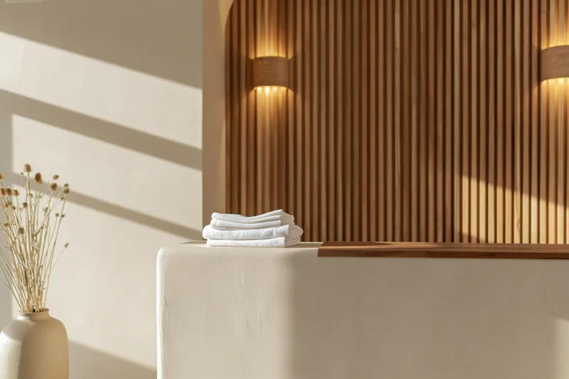 Minimalist spa reception desk with folded white towels and dried flowers beside a wooden slatted wall