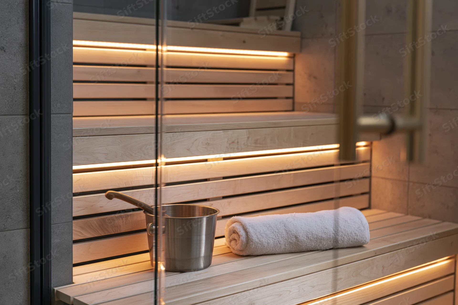 Modern Finnish sauna interior with wooden benches and ambient lighting viewed through glass door
