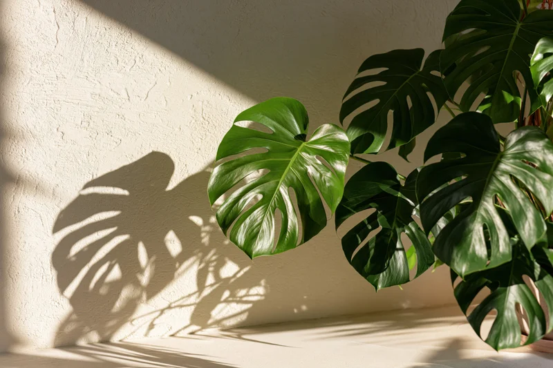 Monstera plant leaves casting shadows on a textured wall in a sunlit indoor space