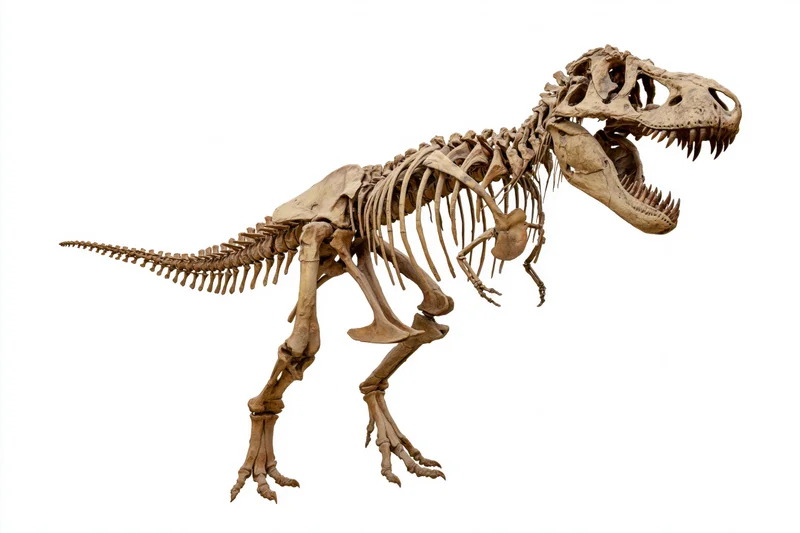 Mounted tyrannosaurus rex fossil skeleton isolated on white background