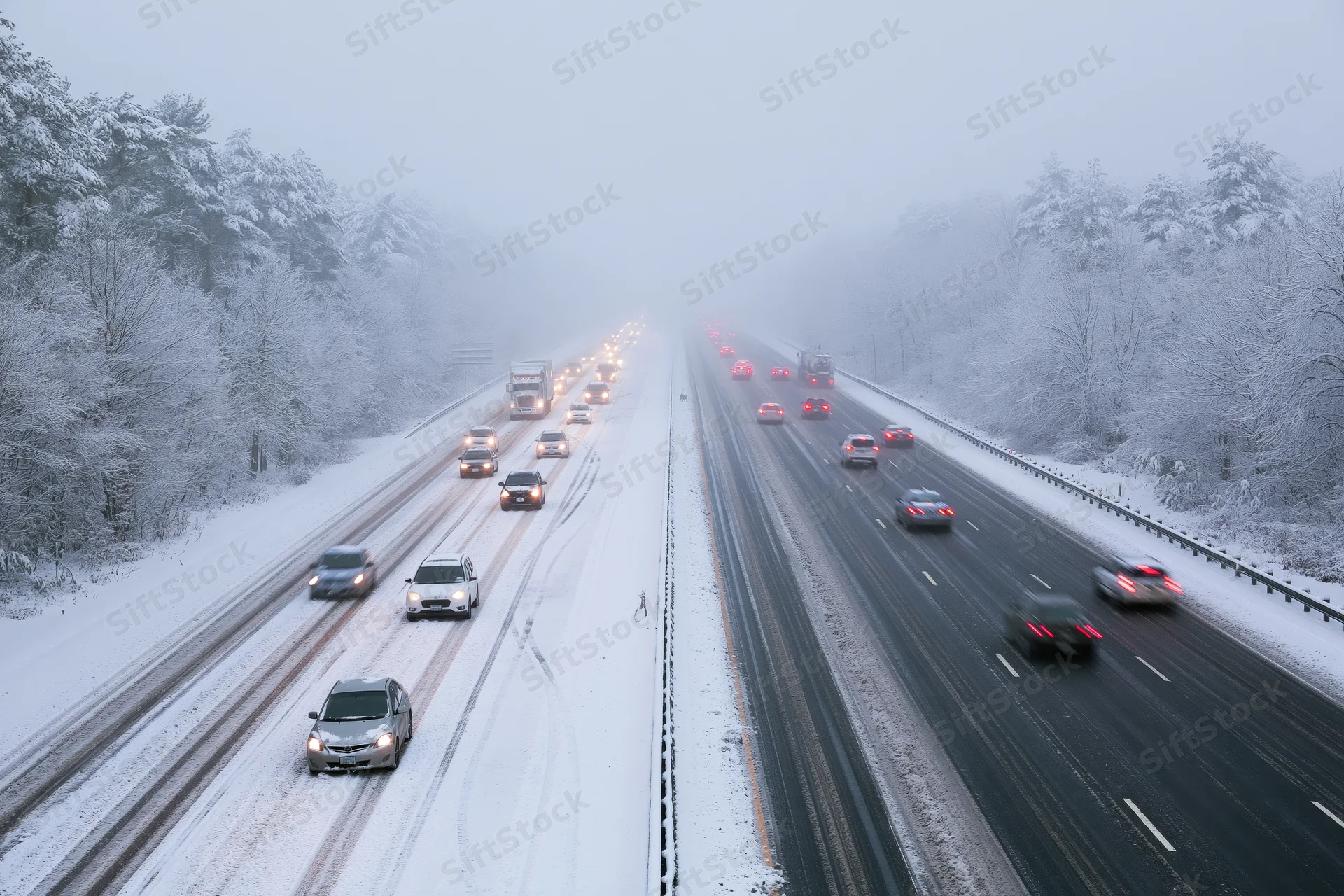 Multi-lane highway with slow-moving cars during heavy snowstorm, flanked by snow-covered trees