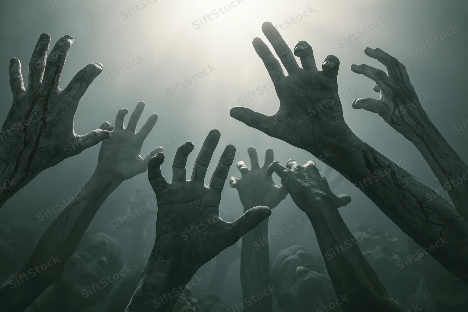 Decayed zombie hands reaching upward through fog and shadow