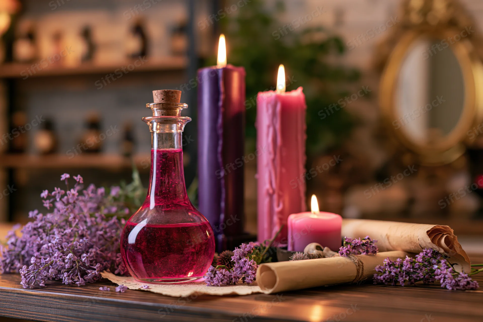 Mystical apothecary still life with lit candles, a glass potion bottle, lavender flowers, and scrolls on a wooden table