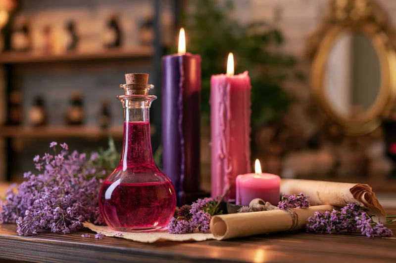 Mystical apothecary still life with lit candles, a glass potion bottle, lavender flowers, and scrolls on a wooden table
