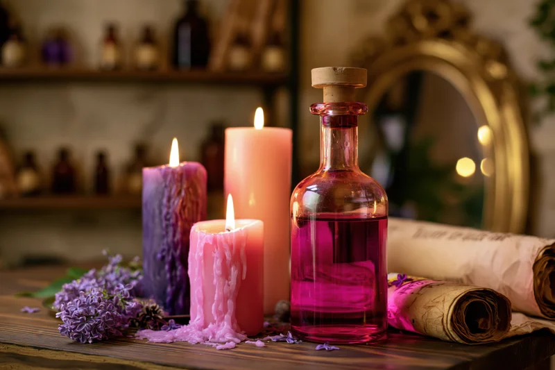 Mystical apothecary still life with lit candles, a purple potion bottle, and rolled scrolls on a wooden table