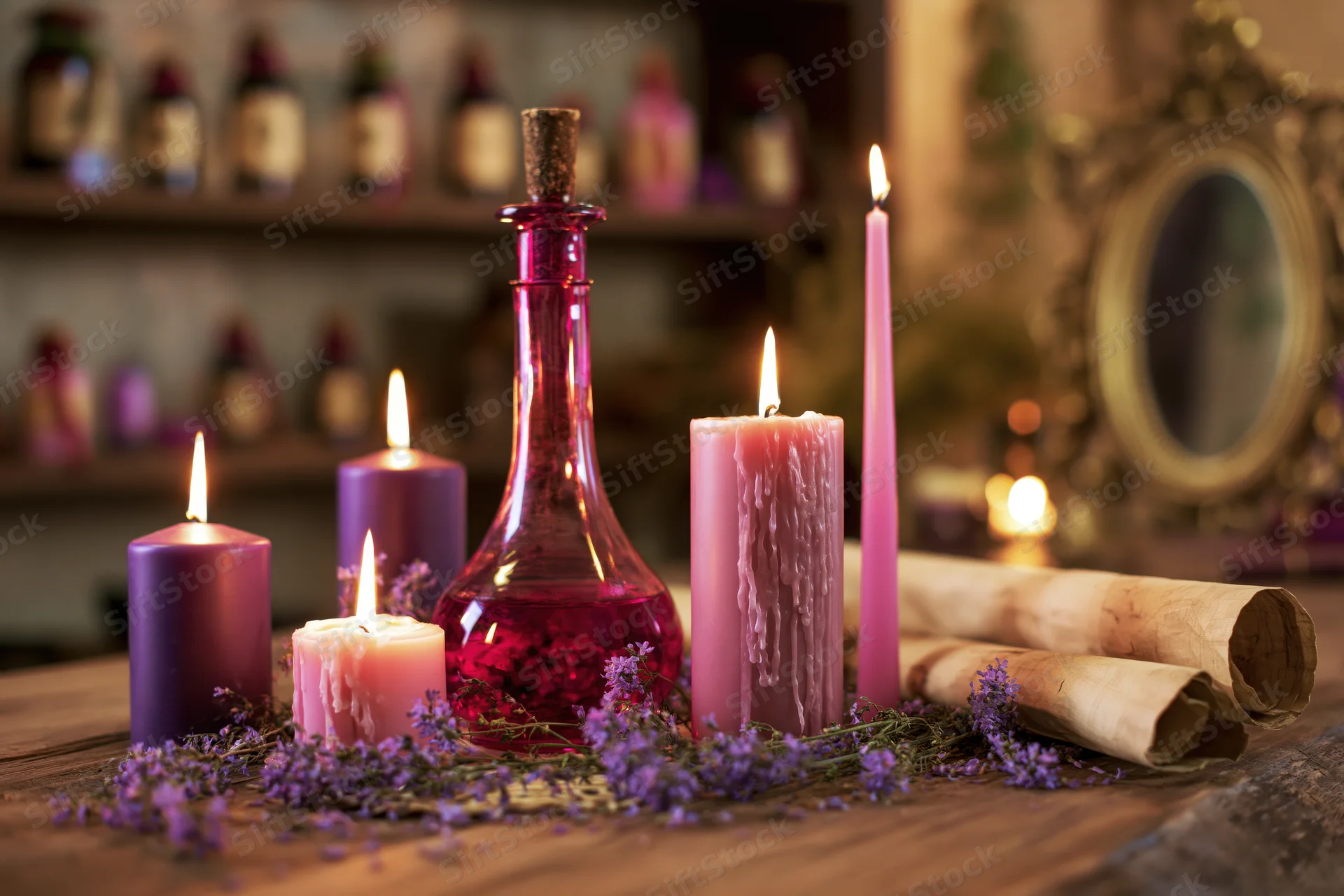 Mystical apothecary still life with lit purple candles, a red potion bottle, lavender flowers and scrolls on a wooden table