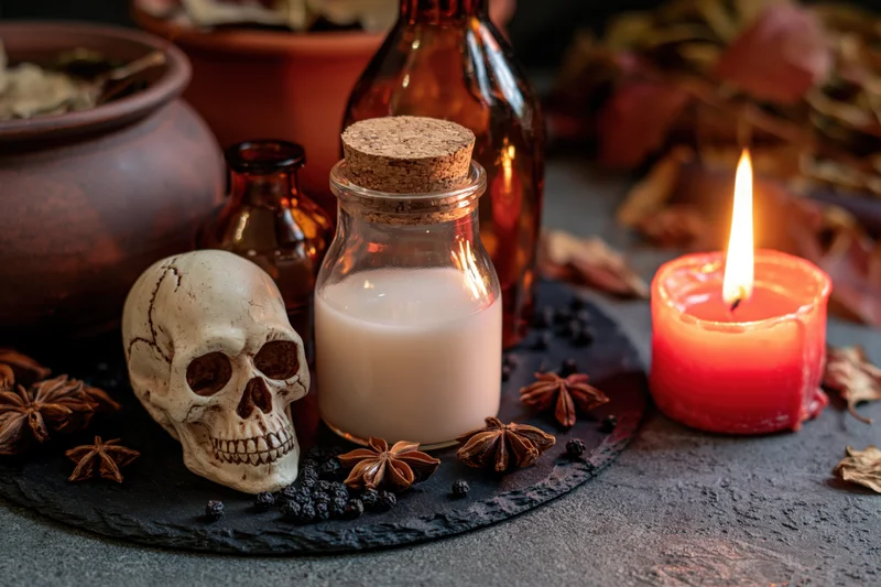 Small skull and glowing candle beside a potion bottle on dark slate with spices and herbs