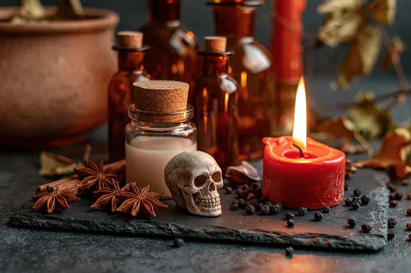 Occult apothecary still life with lit red candle, small skull, spices and bottles on dark slate surface