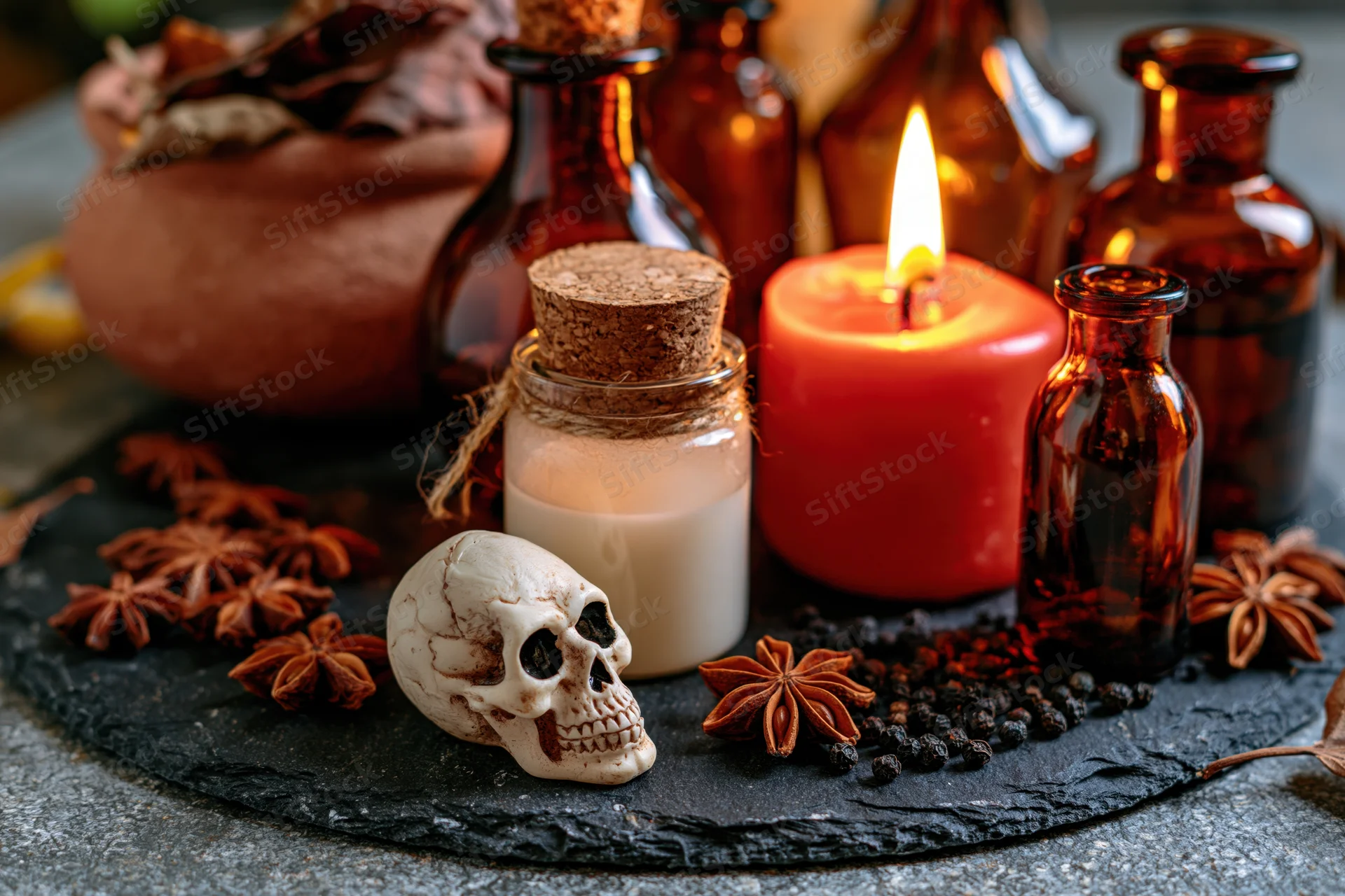 Occult apothecary still life with skull, lit candle, amber bottles and spices on dark slate surface