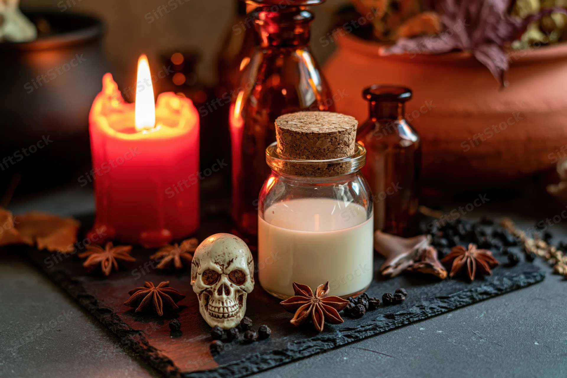Occult apothecary still life with candle, skull, and potion bottle on dark slate surface
