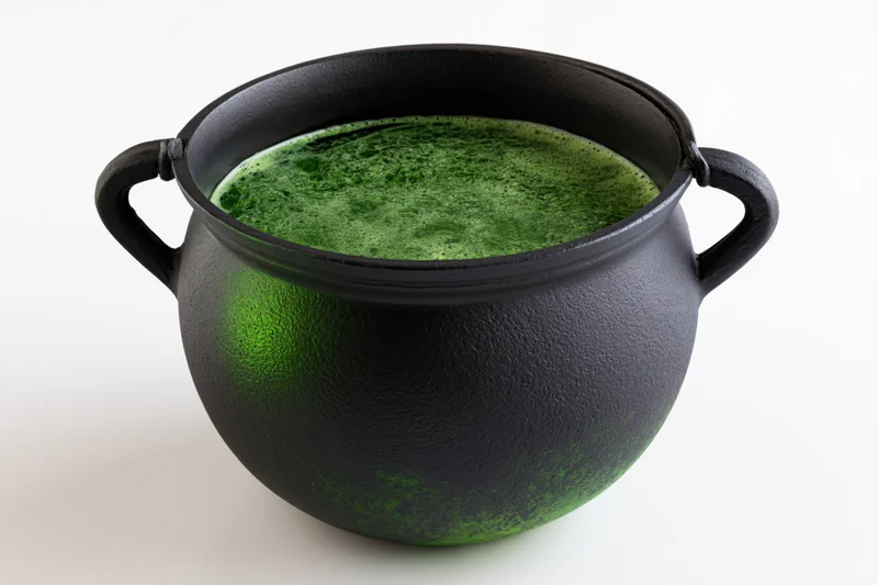 Black cast iron cauldron filled with bubbling green potion on white background