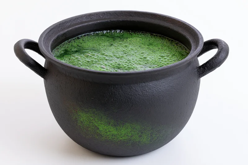 Black cast iron cauldron filled with bubbling green potion on white background