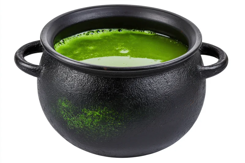 Black cast iron cauldron filled with green bubbling potion isolated on white
