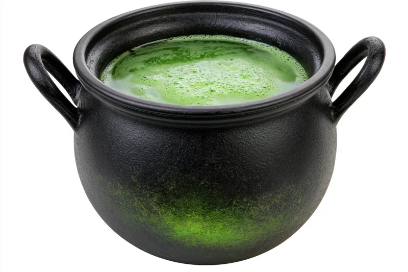 Black cast iron cauldron filled with bubbling green potion on white background