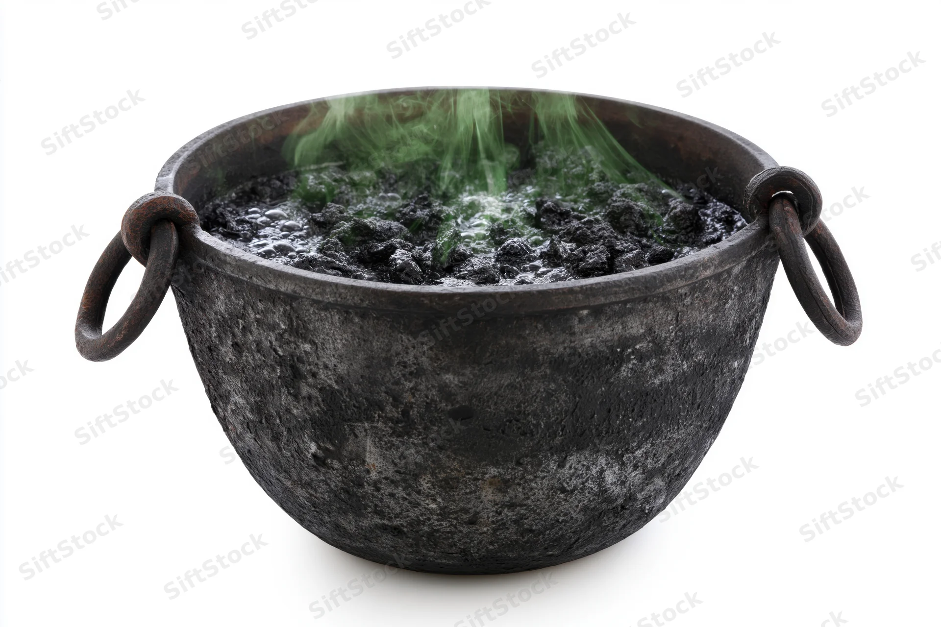 Old cast iron cauldron bubbling with green smoke on white background