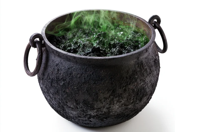 Old cast iron cauldron with twin ring handles bubbling dark green potion on white background