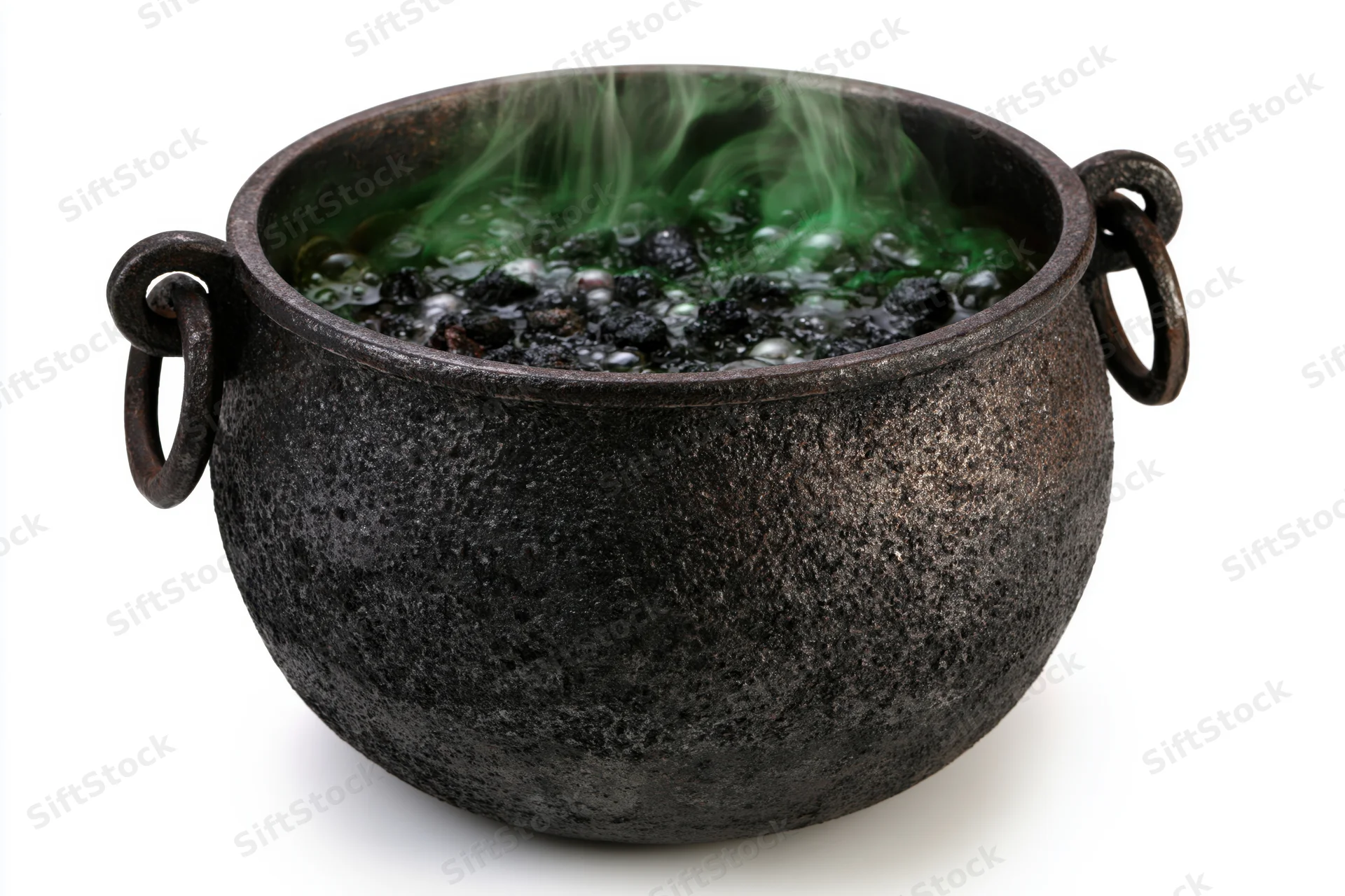Old cast iron cauldron with twin ring handles bubbling green potion on white background