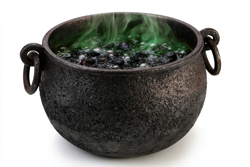 Old cast iron cauldron with twin ring handles bubbling green potion on white background
