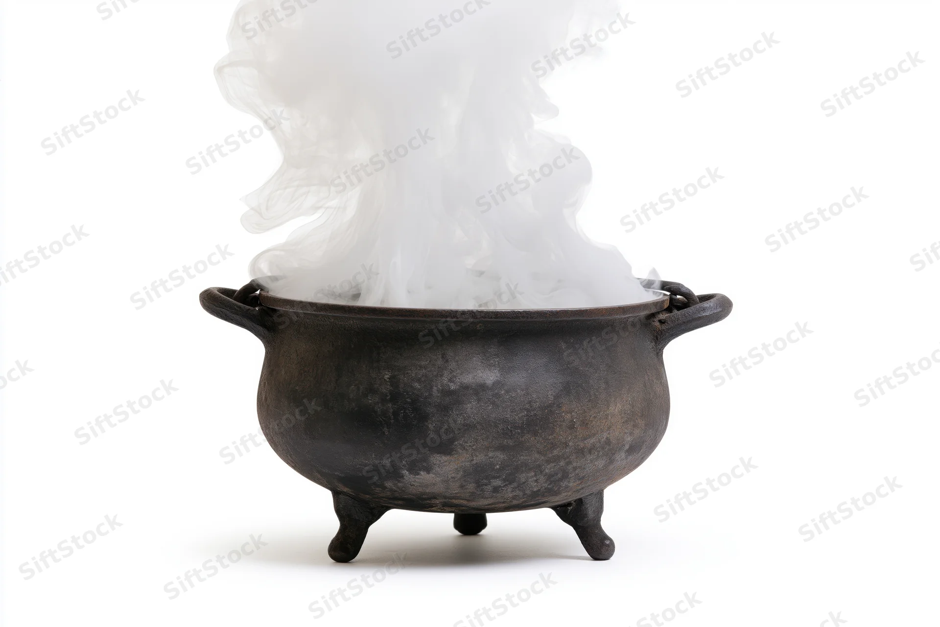 Steaming cast iron cauldron with two handles and three legs on white background