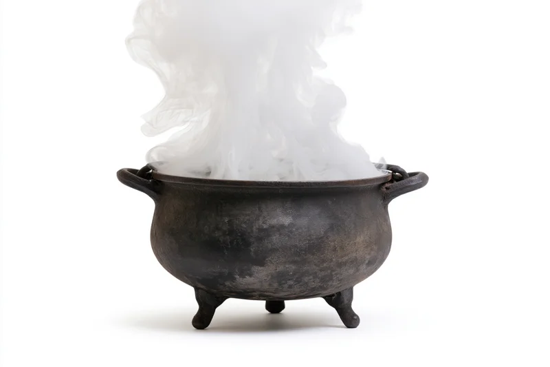 Steaming cast iron cauldron with two handles and three legs on white background