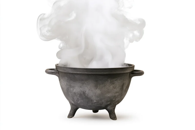 Old cast iron cauldron emitting thick white smoke against white background