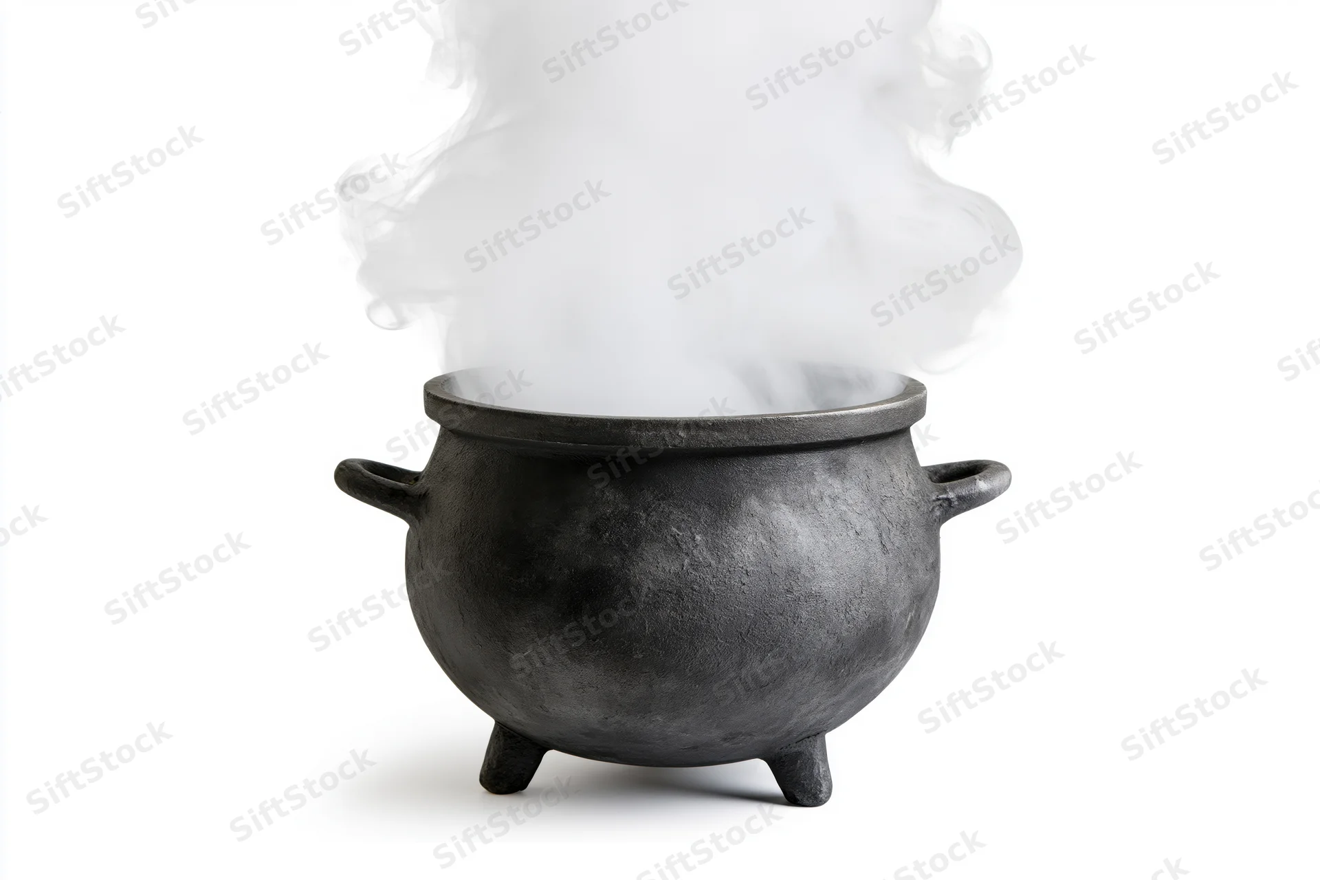 Black cast iron cauldron steaming with white smoke on white background