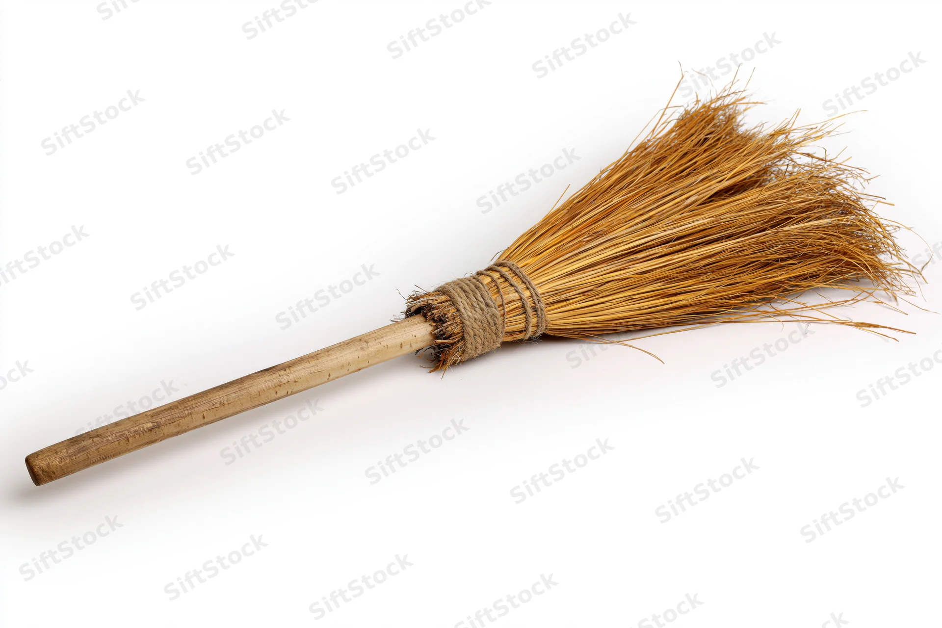 Old handmade straw broom with wooden handle lying diagonally on white background