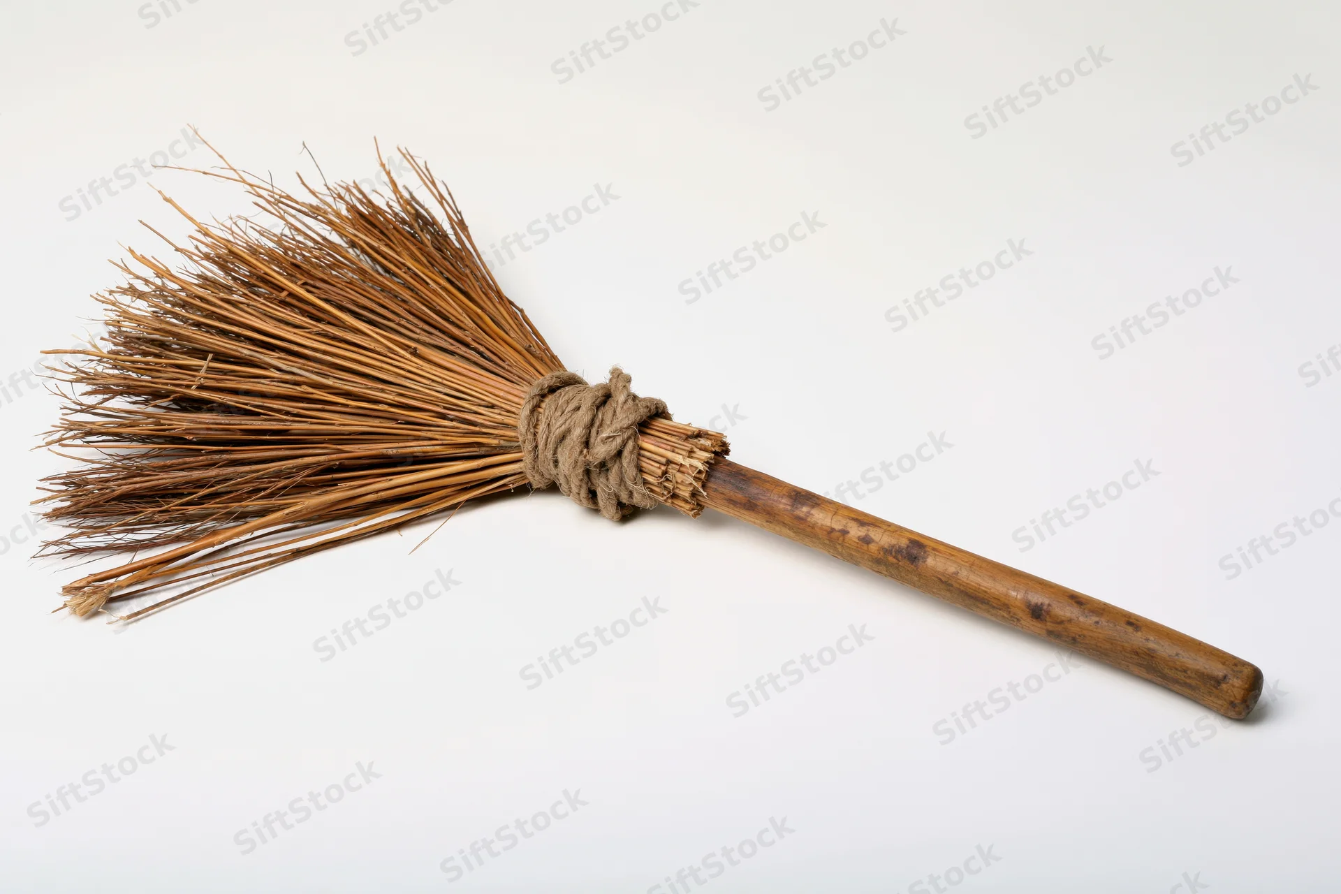 Handmade twig broom lying diagonally on white background