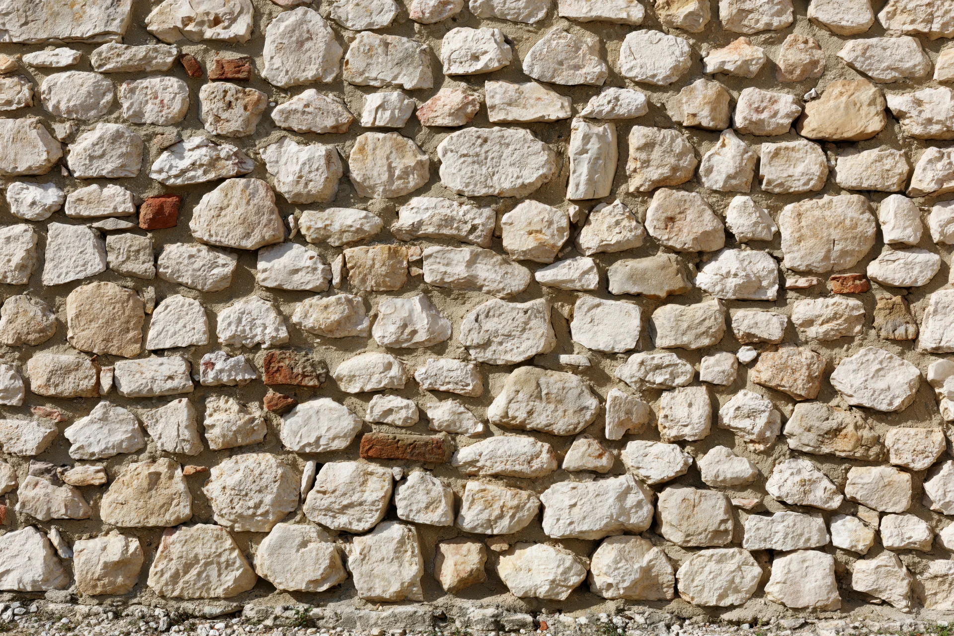 Close-up of an old irregular stone wall made of limestone and brick with mortar filling the frame