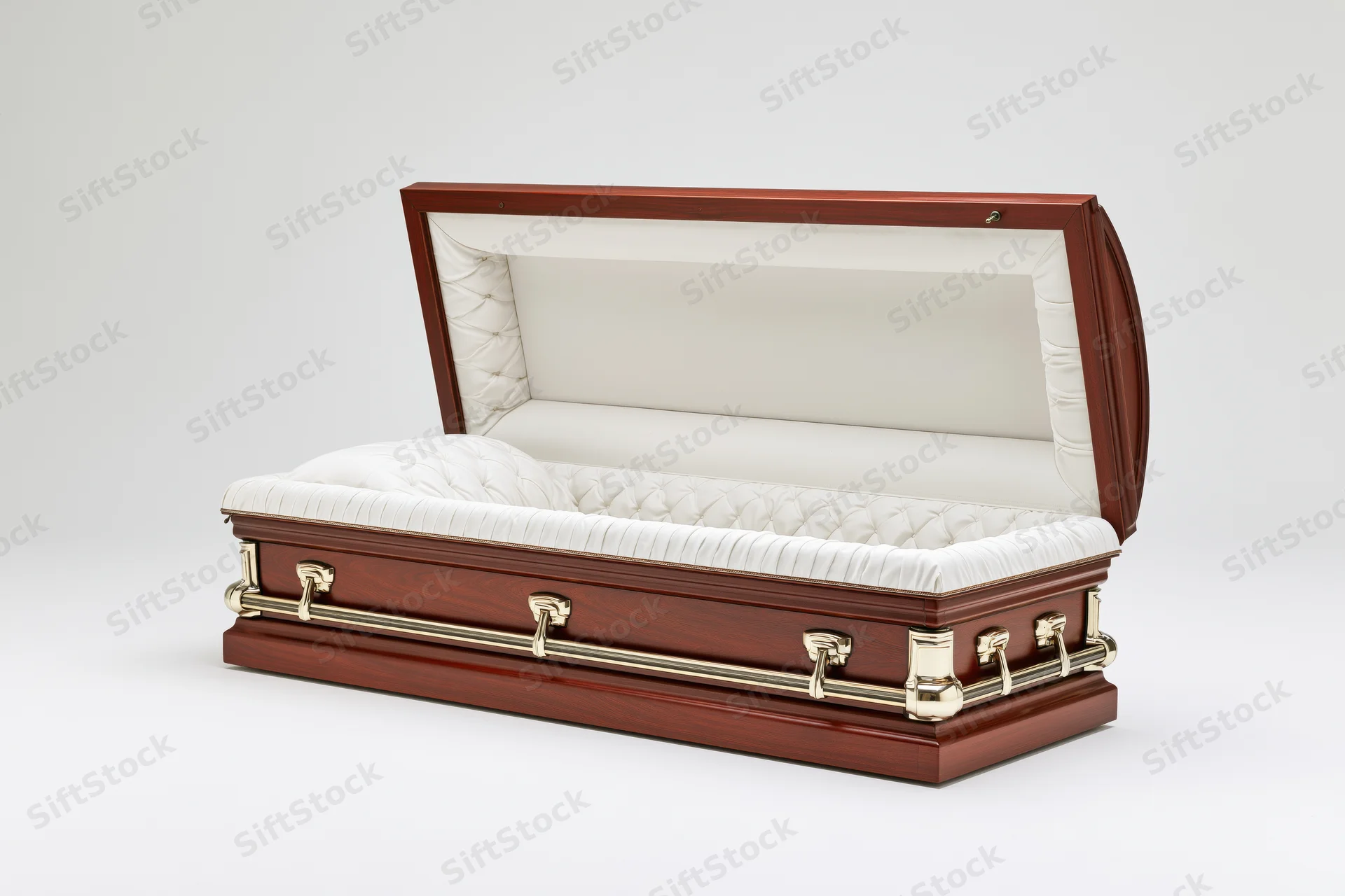 Open wooden coffin with white quilted interior and brass hardware on white background