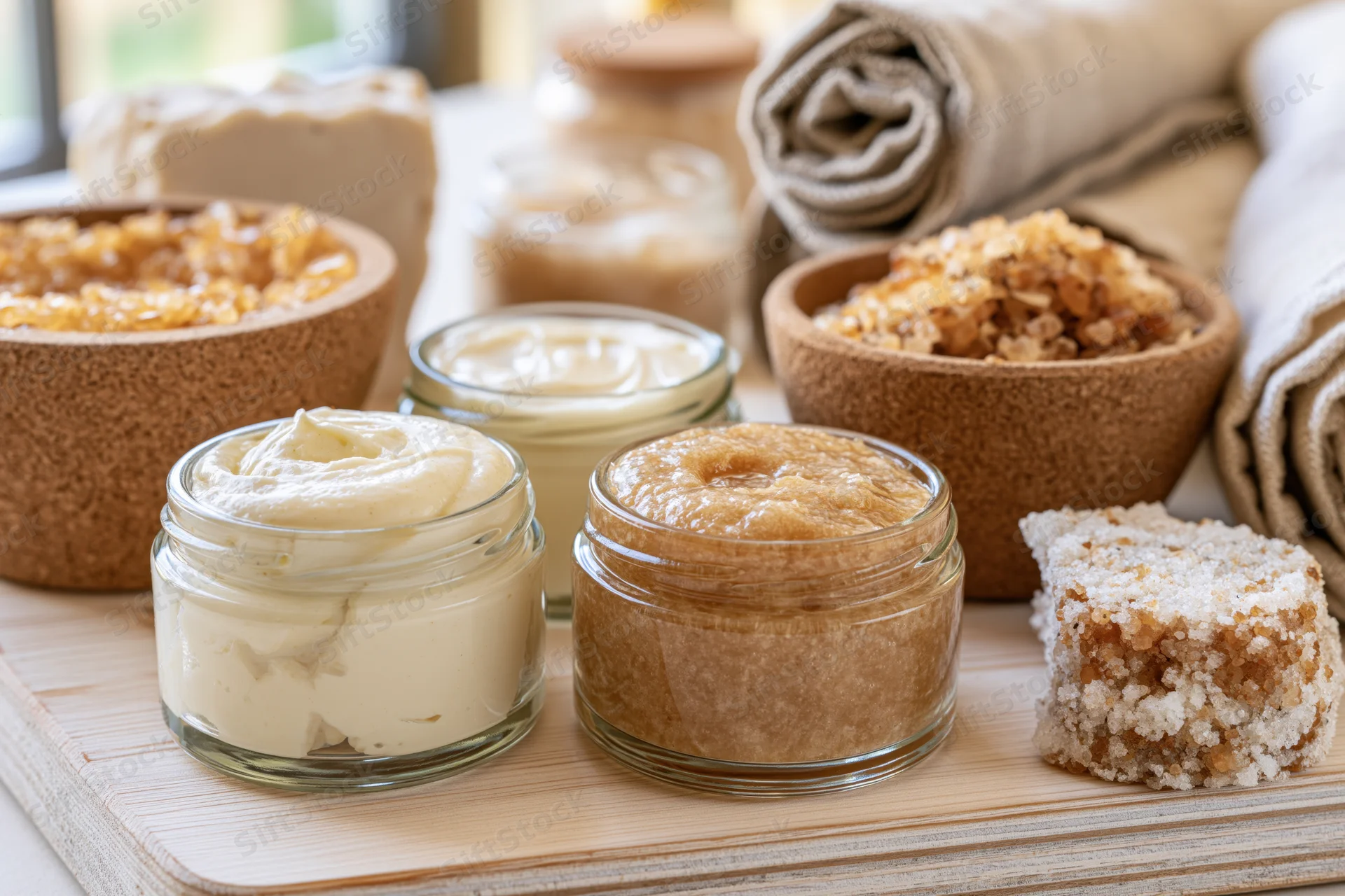 Glass jars of face cream and body balm arranged on a wooden board with towels and exfoliating scrubs nearby