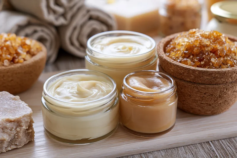 Glass jars of face cream and honey-toned body balm arranged on a wooden tray with rolled towels and cork bowls nearby