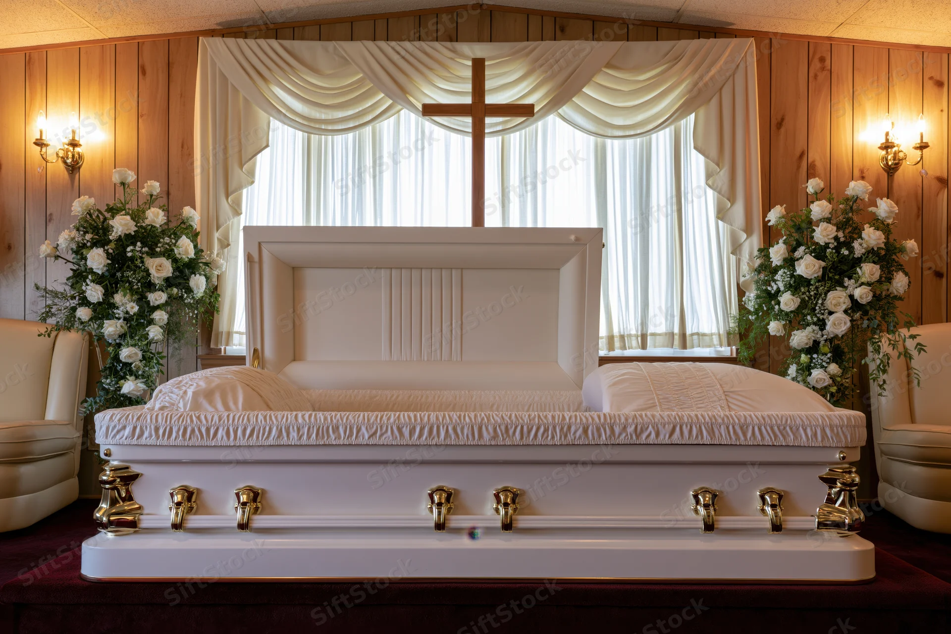 Open white casket with gold hardware displayed in a funeral chapel with floral arrangements and cross behind it