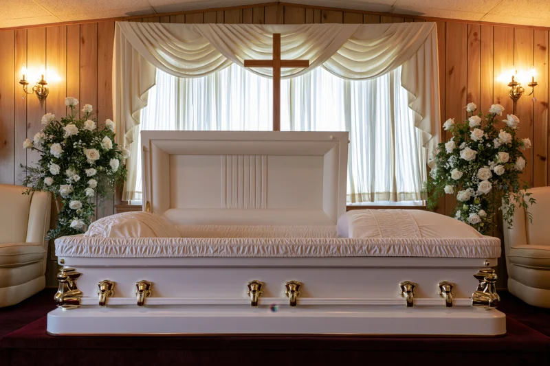 Open white casket with gold hardware displayed in a funeral chapel with floral arrangements and cross behind it