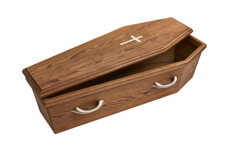 Open wooden coffin with lid propped ajar and white cross symbol on top