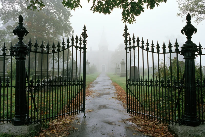 Open wrought-iron gates framing a foggy cemetery pathway lined with gravestones and fallen leaves