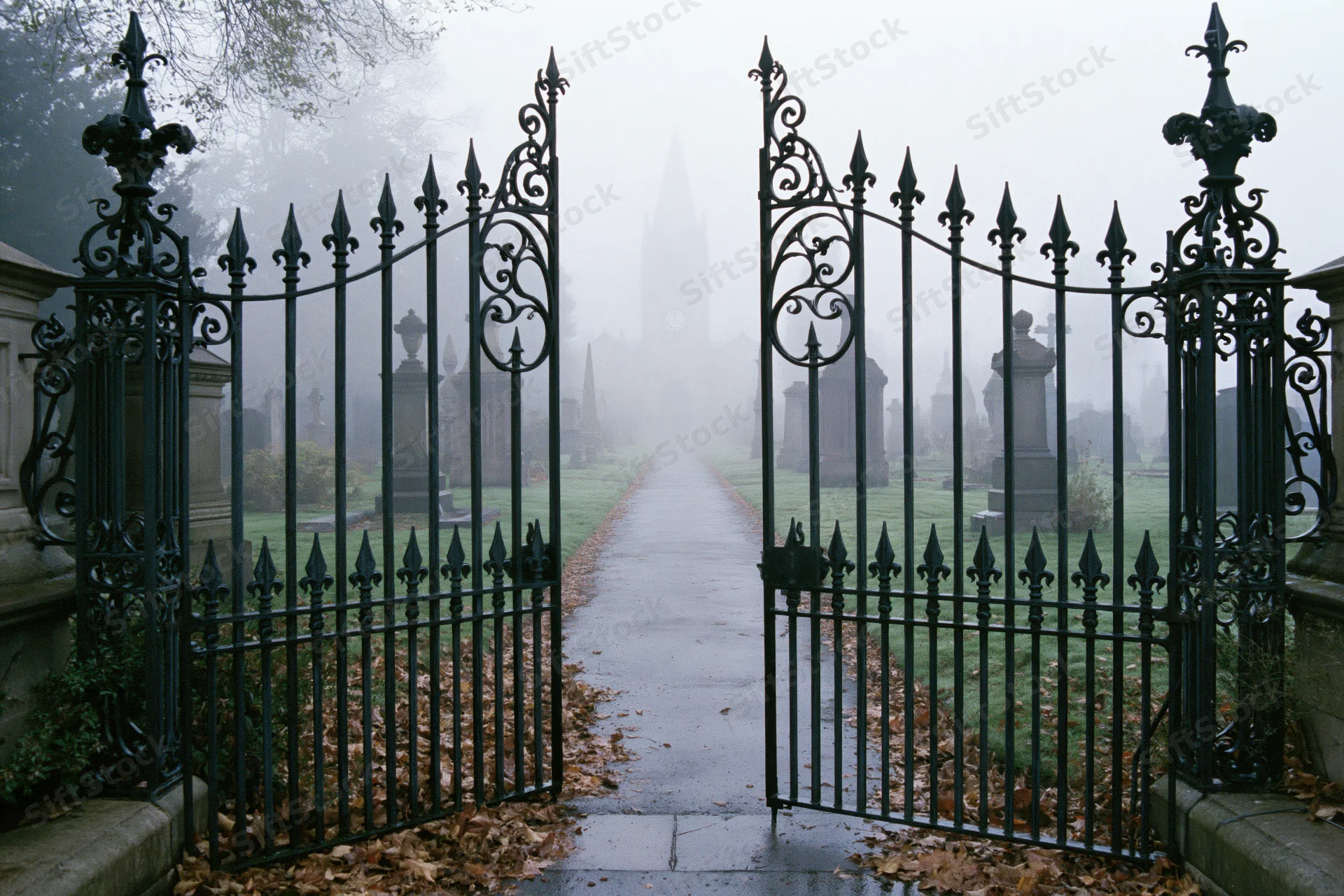Open wrought-iron gates framing a foggy cemetery pathway lined with gravestones