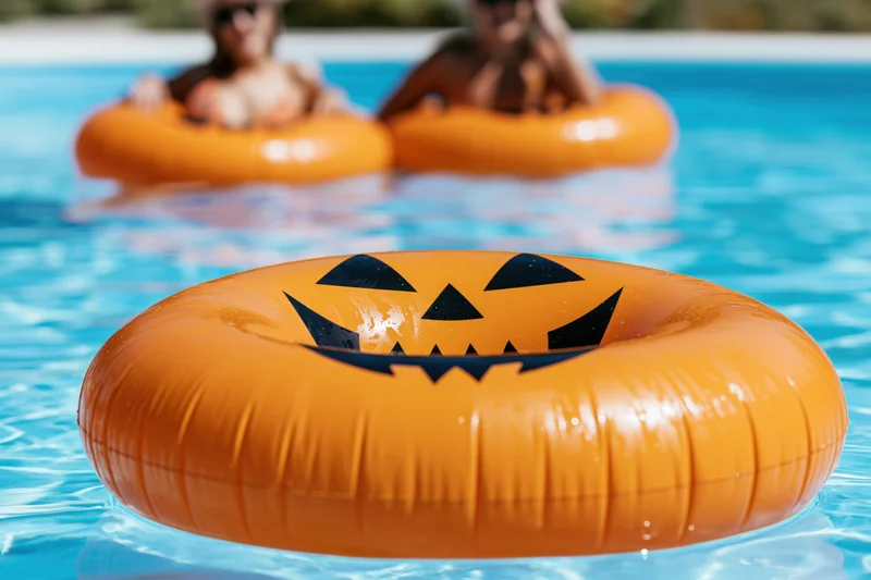 Orange inflatable jack-o-lantern ring floating in a pool with women in the background