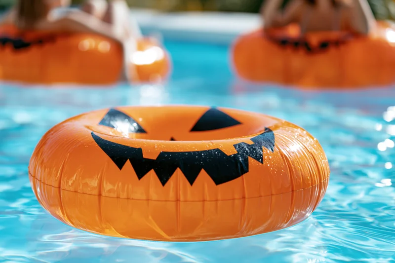 Orange inflatable jack-o-lantern ring floating in a swimming pool with people in the background