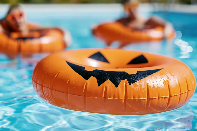 Orange inflatable jack-o-lantern ring floating in a swimming pool with people in the background