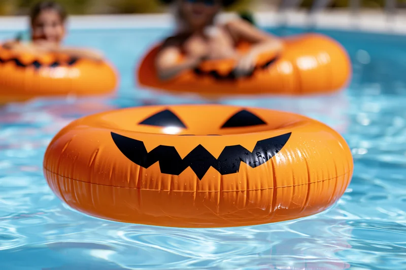 Orange inflatable jack-o-lantern ring floating in a swimming pool with children in the background