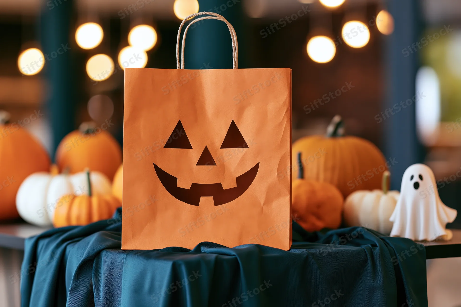 Orange paper bag with jack-o-lantern face on a teal cloth table surrounded by pumpkins and a ghost decoration