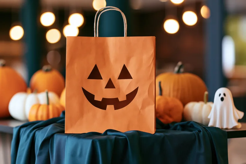 Orange paper bag with jack-o-lantern face on a teal cloth table surrounded by pumpkins and a ghost decoration