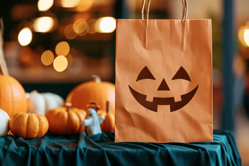 Orange paper bag with jack-o-lantern face on teal tablecloth surrounded by pumpkins and bokeh lights