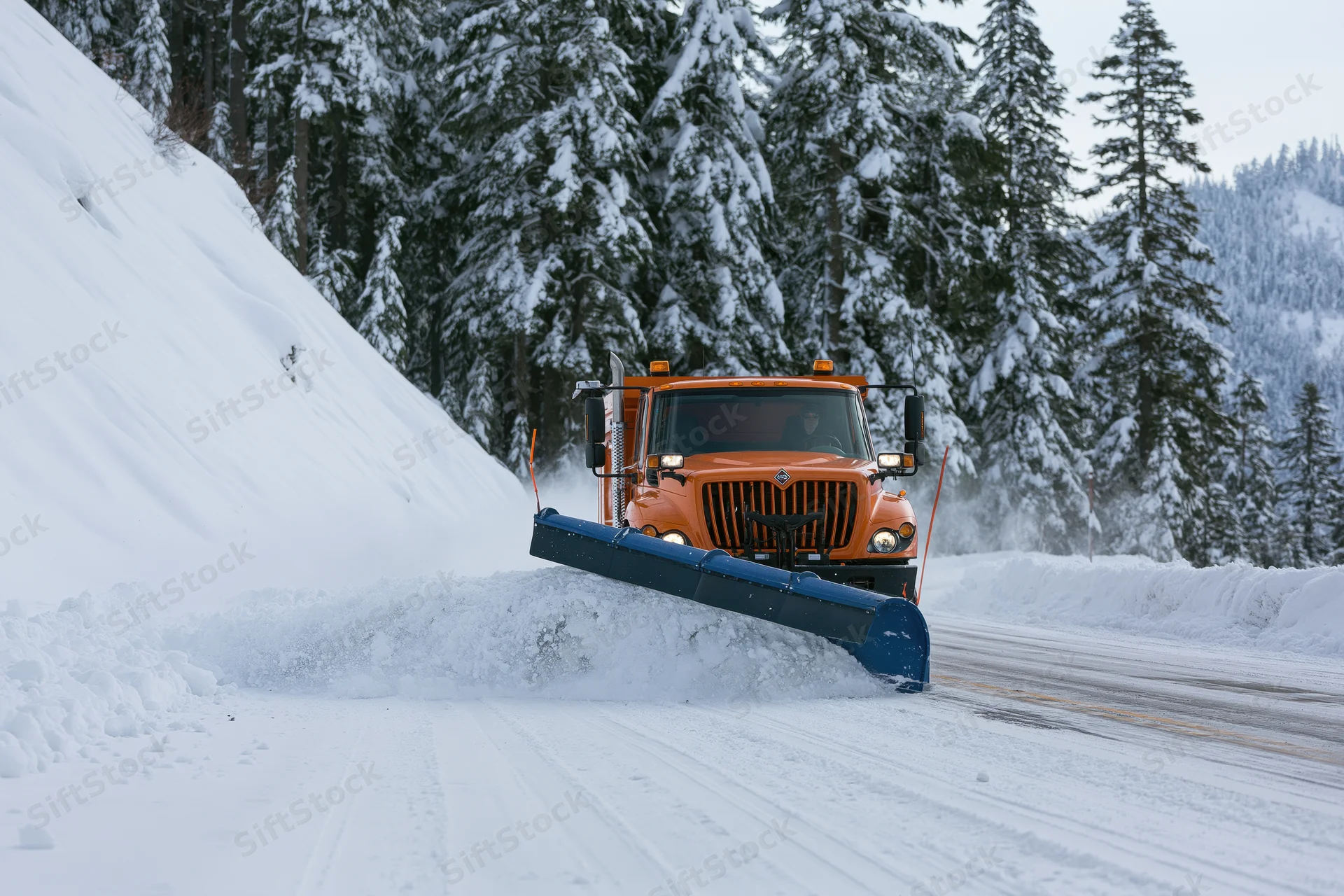 Orange municipal snowplow truck clearing snow from a mountain road in winter